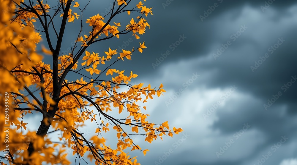 Autumn Tree with Golden Leaves Against a Dramatic Cloudy Sky Autumn Tree with Golden Leaves Against a Dramatic Cloudy Sky