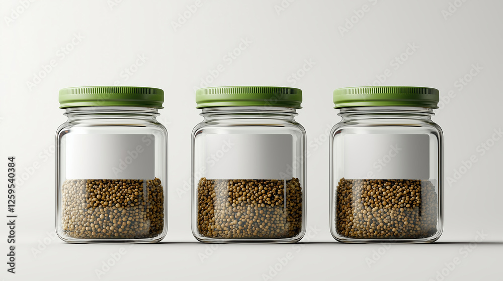 Three transparent glass jars filled with seeds, featuring green lids, arranged neatly. jars have blank labels for customization, ideal for storage or display Three transparent glass jars filled with seeds, featuring green lids, arranged neatly. jars have blank labels for customization, ideal for storage or display