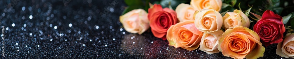 Roses scattered with sparkling edges on a dark velvet surface Roses scattered with sparkling edges on a dark velvet surface