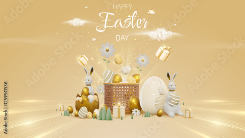 Happy Easter banner template with realistic 3D elements design in golden luxury style with rabbit, golden eggs, gift box and egg basket on a cream background. Vector illustration.
