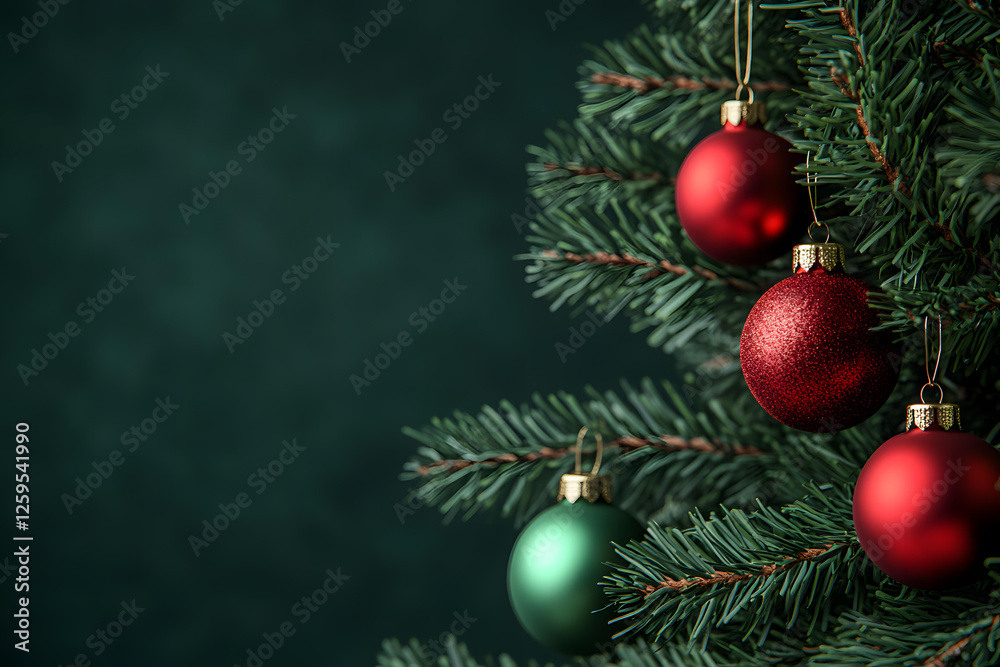 A Festive Christmas Tree Decorated with Red and Green Ornaments Against a Dark Green Background A Festive Christmas Tree Decorated with Red and Green Ornaments Against a Dark Green Background