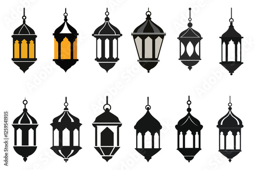 Arab Islamic lantern lamp silhouettes for Ramadan or Eid Mubarak holiday, vector decorations. Islam or Muslim ornament lamp lanterns with pattern of stars, crescent moon for Ramadan Kareem greeting