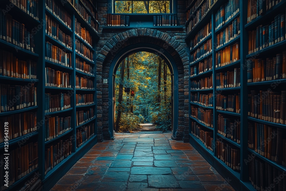 Library archway, forest view, stone walls, bookshelves, peaceful reading Library archway, forest view, stone walls, bookshelves, peaceful reading