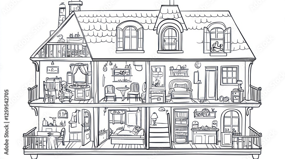 Fototapeta premium Dollhouse cutaway showing rooms, furniture, garden. Kids' room design, interior design inspiration