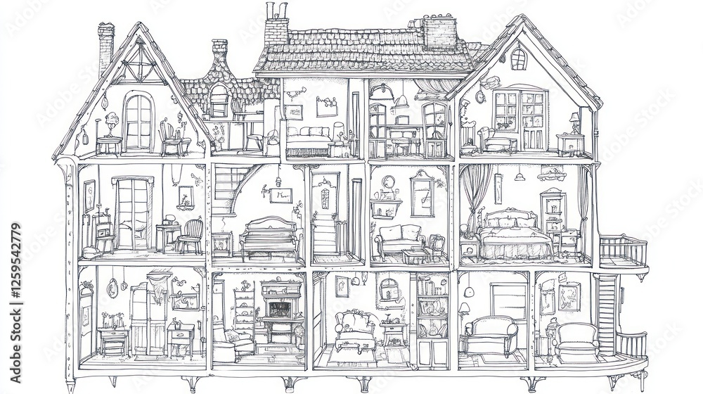 Fototapeta premium Victorian house cutaway, interior design, rooms, furniture, illustration