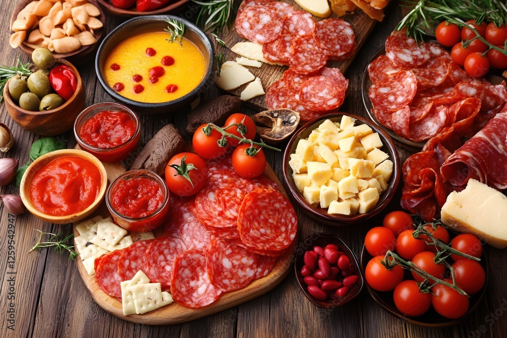 Rustic Charcuterie Board with Salami Cheese Tomatoes and Dips on a Wooden Table Top View Rustic Charcuterie Board with Salami Cheese Tomatoes and Dips on a Wooden Table Top View