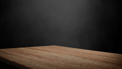 empty wooden table corner with smoke float up on dark black background. empty space for display your products. angled view of a dark-toned, rustic wooden tabletop with a prominent wood grain texture.