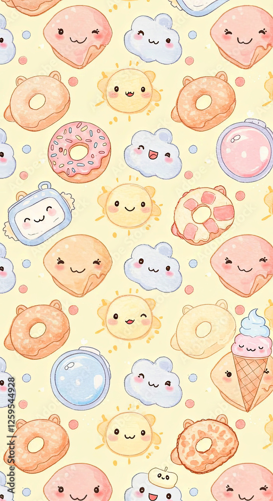 Kawaii Cute Characters Watercolor Pattern Wallpaper Background