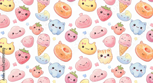 Kawaii Cute Characters Watercolor Pattern Wallpaper Background