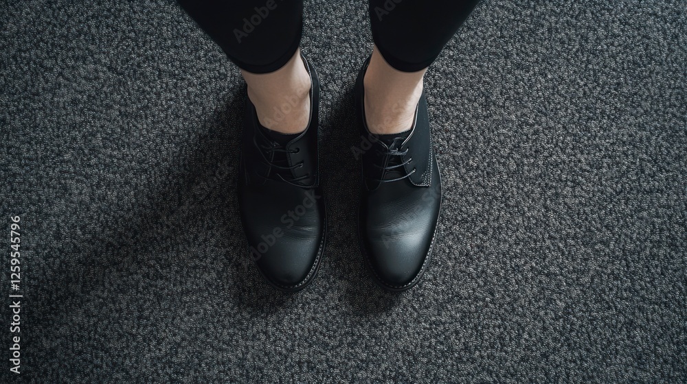Black shoes worn by an elegant woman, standing on the floor, seen from above. The background is a dark gray carpet. Black shoes worn by an elegant woman, standing on the floor, seen from above. The background is a dark gray carpet.