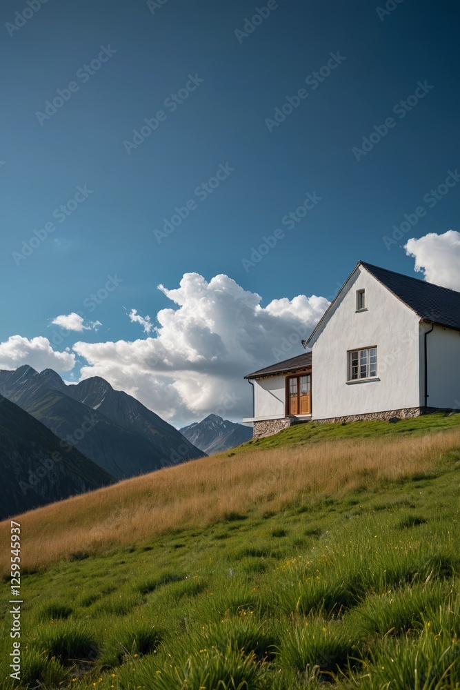 grassy hill with a house on it and a mountain in the background grassy hill with a house on it and a mountain in the background