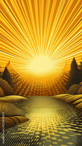 A vibrant sunburst comic book style natures scenery. Royalty high-quality free best stock of comic nature with forest, sun, trees, clouds, sky sunrise, mountains comic scene background