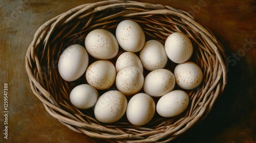 Wallpaper Mural 112.A detailed top view of a basket filled with raw duck eggs, their pale shells contrasting against the natural weave of the basket, with gentle lighting emphasizing their health benefits. Torontodigital.ca