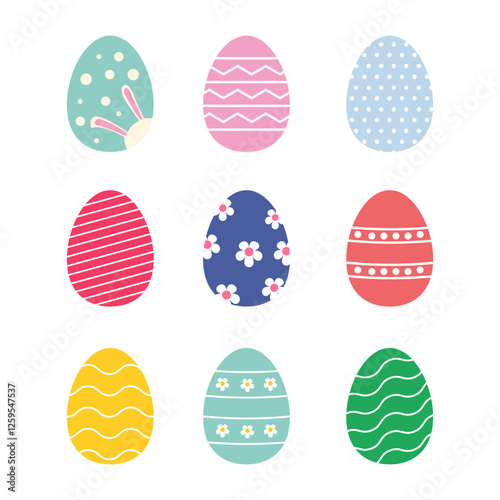 Set of colorful easter eggs isolated on white background.Collection of vivid egg vector graphic illustration.