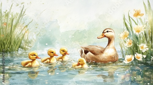 Fototapeta Naklejka Na Ścianę i Meble -  18.A family of ducks enjoying a sunny pond, with ducklings splashing playfully near their mother, surrounded by blooming flowers and gently swaying reeds, illustrated in a vivid watercolor style.