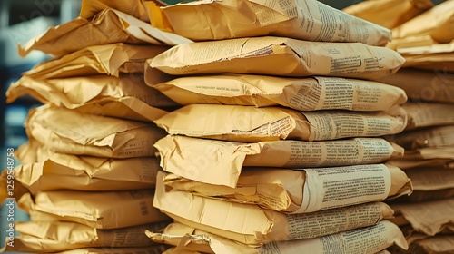 Stacked Brown Paper Packages in a Warehouse Setting with Labels