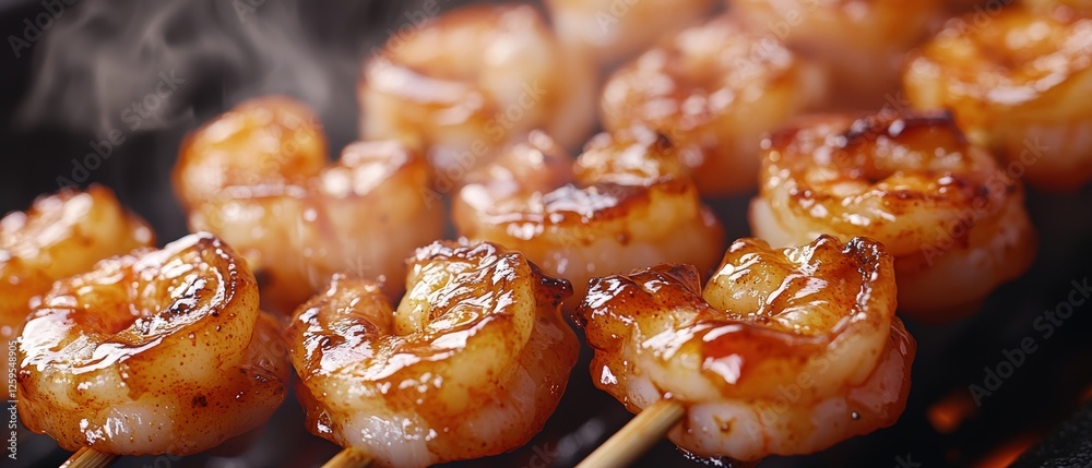 Close-Up of Grilling Shrimp Process on Skewers with Smoky Background Showcasing Delicious Seafood Preparation Close-Up of Grilling Shrimp Process on Skewers with Smoky Background Showcasing Delicious Seafood Preparation