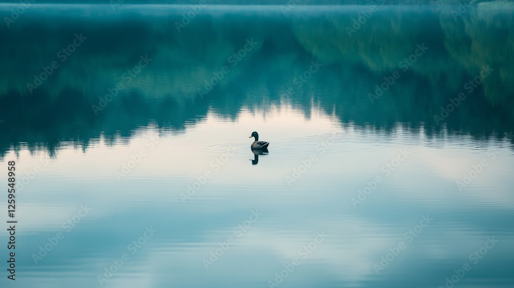 Fototapeta premium 24.A lone mallard duck paddling gracefully on a mirror-like lake, its reflection perfectly mirrored below, set against a backdrop of soft ripples and distant greenery.