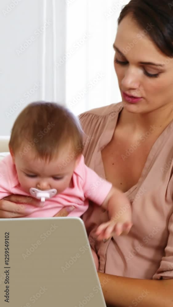Cute mother holding her baby and using a laptop Cute mother holding her baby and using a laptop