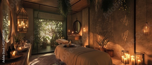 A serene spa room glowing with candles and therapeutic massage photo