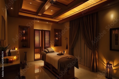 A serene spa room glowing with candles and therapeutic massage photo