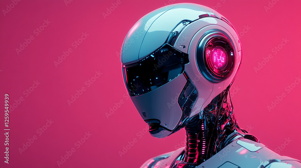 A futuristic robot head with a sleek cyberpunk helmet symbolizes advanced AI, digital evolution, and the fusion of humanity with technology. The modern bright background conveys innovation and progres