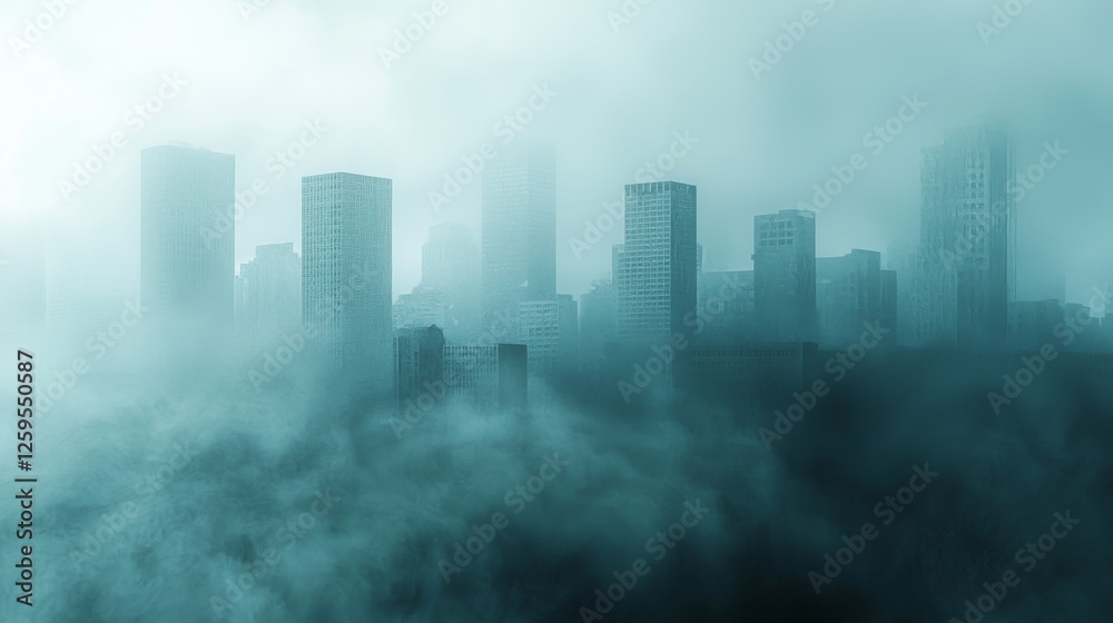 Fototapeta premium Foggy Urban Landscape with Skyscrapers in Mysterious Atmosphere and Diffused Light