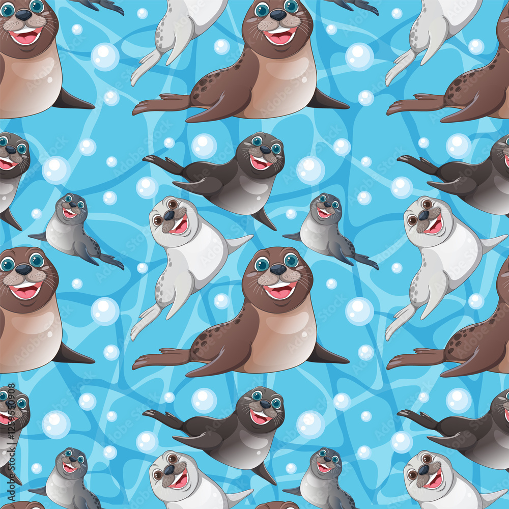 Happy seals swimming in a seamless blue pattern Happy seals swimming in a seamless blue pattern