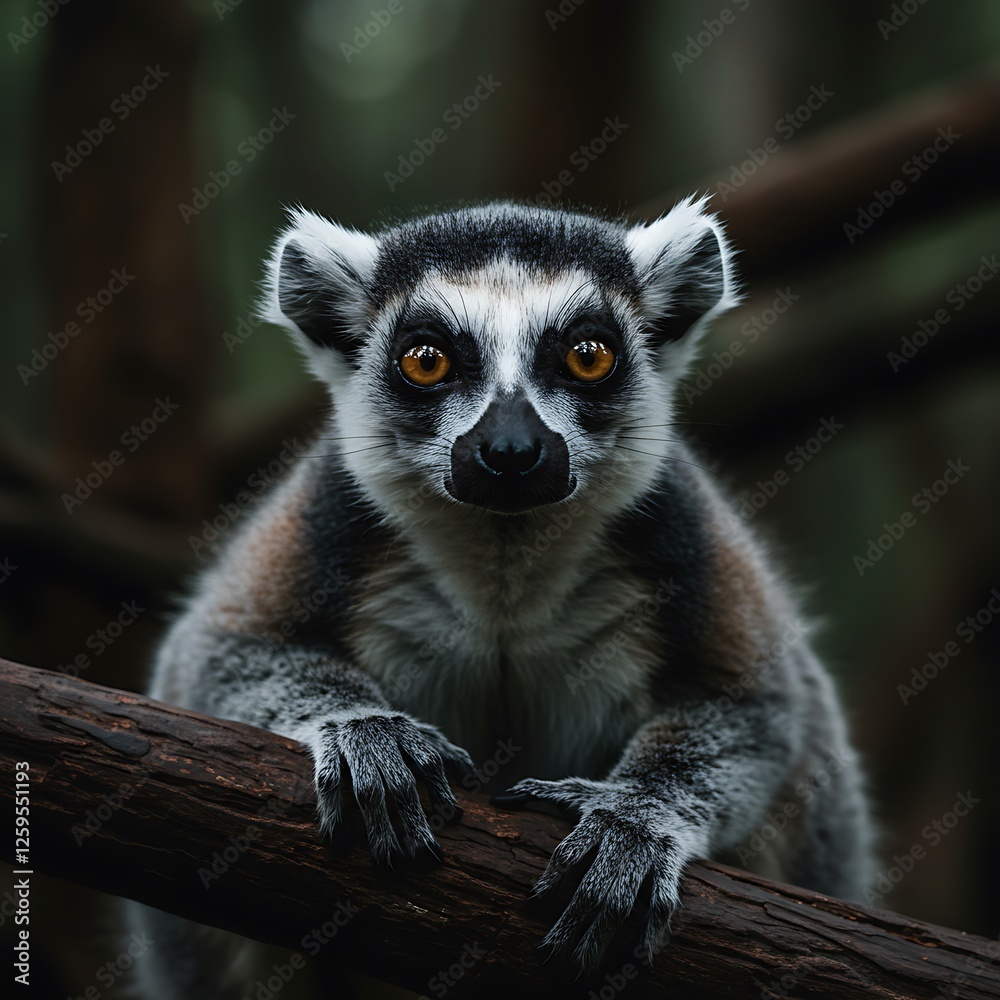 Fototapeta premium Ringtailed Lemur Portrait in Dark Forest