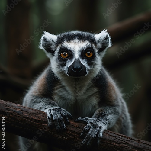 Ringtailed Lemur Portrait in Dark Forest
