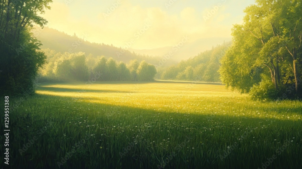 Fototapeta premium Sunny morning meadow landscape, hills background, nature serenity