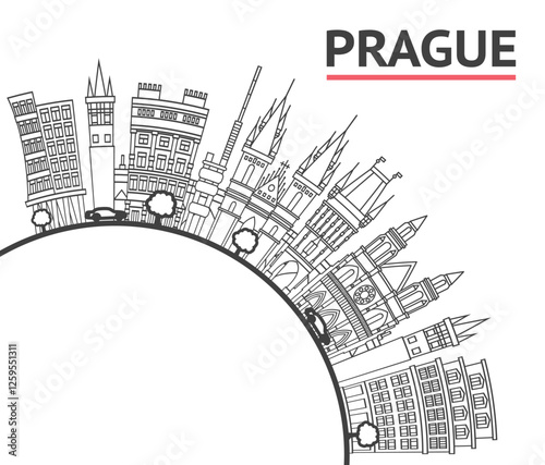 Outline Prague Czech Republic City Skyline with Historic Buildings and copy space Isolated on White. Prague Cityscape with Landmarks.