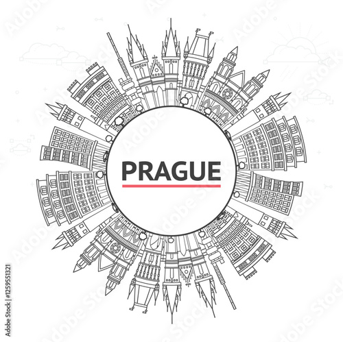 Outline Prague Czech Republic City Skyline with Historic Buildings and copy space Isolated on White. Prague Cityscape with Landmarks.