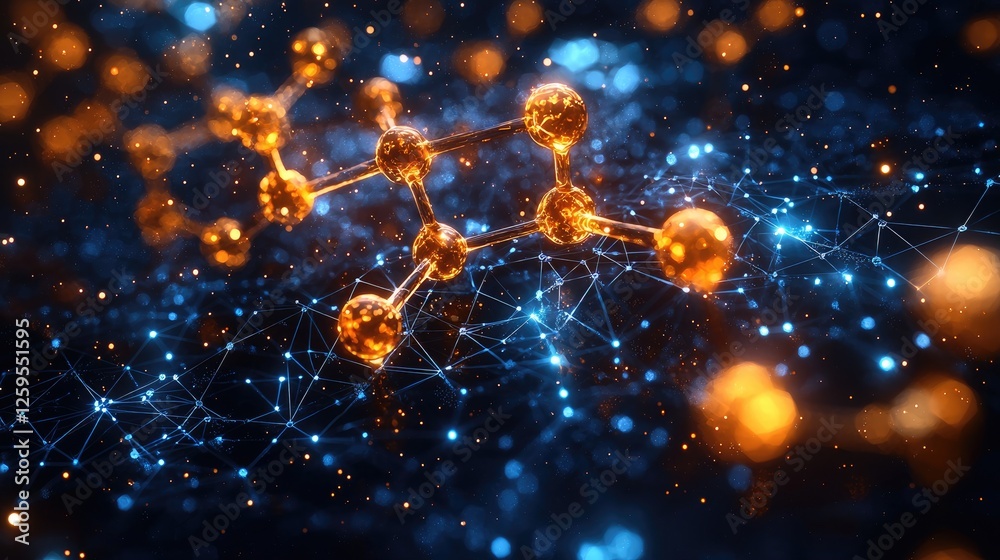 Abstract representation of molecular structures in a digital environment with glowing particles Abstract representation of molecular structures in a digital environment with glowing particles