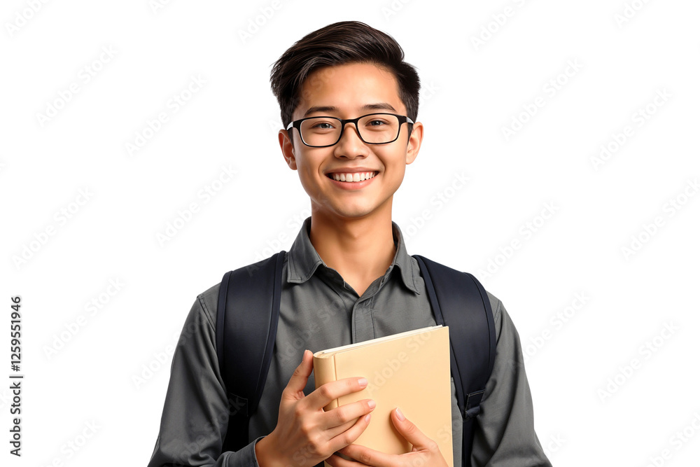 Portrait of a smiling young male college student in glasses with book, isolated on transparent background Portrait of a smiling young male college student in glasses with book, isolated on transparent background