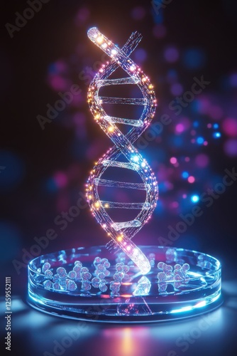 A transparent 3D holographic DNA strand glowing above multiplying stem cells photo