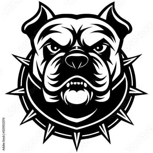 An aggressive bulldog head is in a striking black and white silhouette with a tough expression and spiked collar. Great for sports teams, esports branding, digital artwork, vector mascot