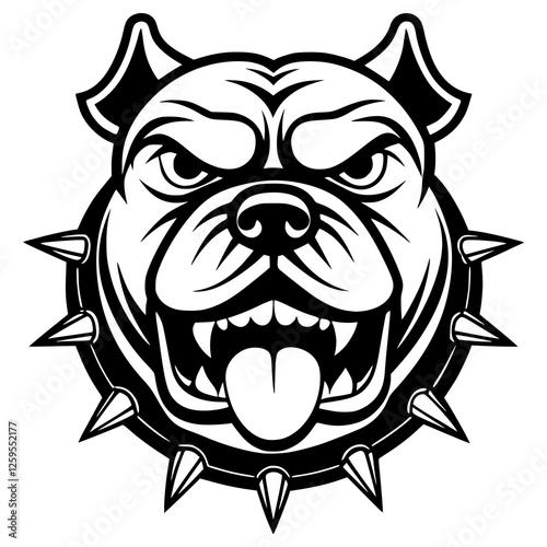 An aggressive bulldog head is in a striking black and white silhouette with a tough expression and spiked collar. Great for sports teams, esports branding, digital artwork, vector mascot