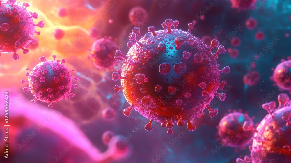 Microscopic View of Coronavirus Vivid Pink and Blue Virus Particles 3D Rendering Microscopic View of Coronavirus Vivid Pink and Blue Virus Particles 3D Rendering