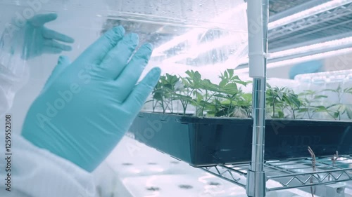 Labatory workers checking on cultivating container for sprout plant quality check, growing plant inside indoor humidity control transparency box, science laboratory research, cannabis sprouting stage