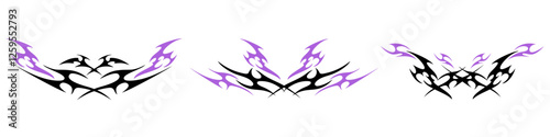 Neo tribal y2k gothic style tattoo Cyber sigilism spikes and sparks for streetwear print designs, spiky y2k aesthetic vector set