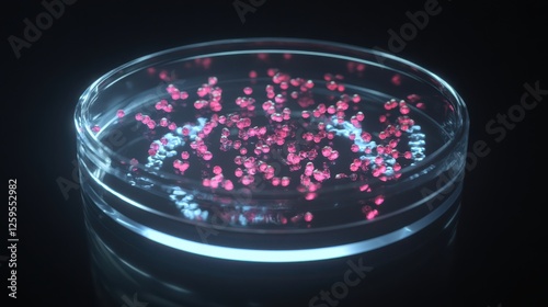 A transparent 3D holographic DNA strand glowing above multiplying stem cells photo