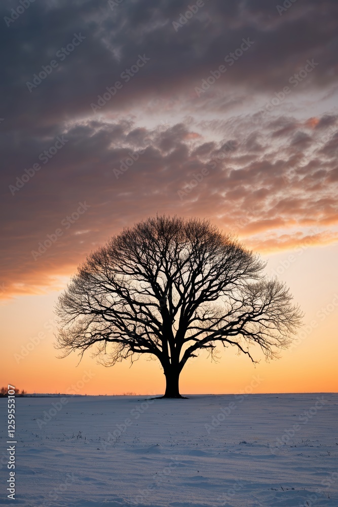 arafed tree in a snowy field with a sunset in the background arafed tree in a snowy field with a sunset in the background