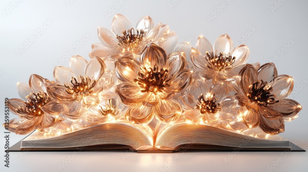 Fototapeta premium Illuminated glass flowers bloom from open book, white background, peaceful scene, ideal for book covers
