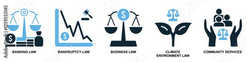 set of law and justice icon vector, featuring scales of justice, a gavel, courthouse for law firms, judiciary, legal services, and regulations