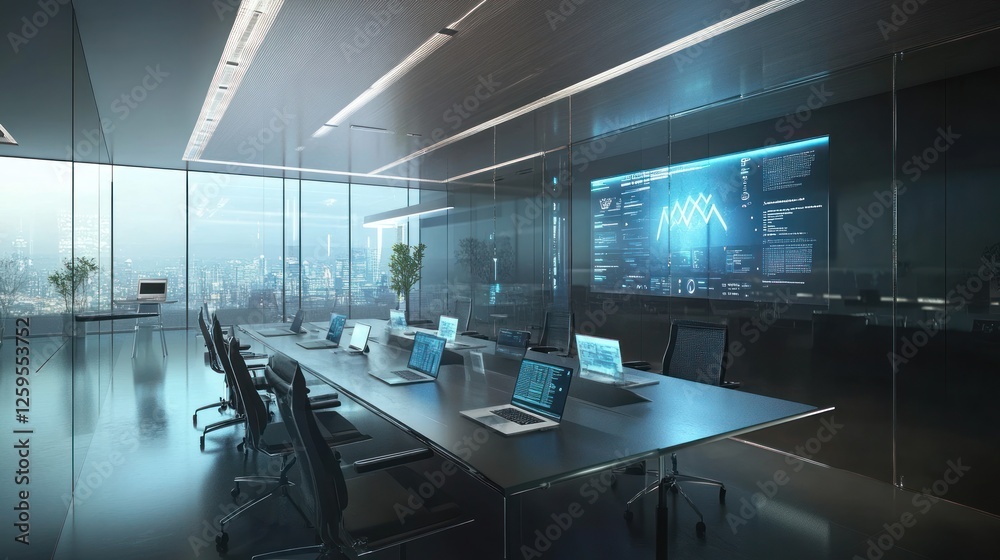 Futuristic Conference Room with Data Visualization and City Skyline View Futuristic Conference Room with Data Visualization and City Skyline View