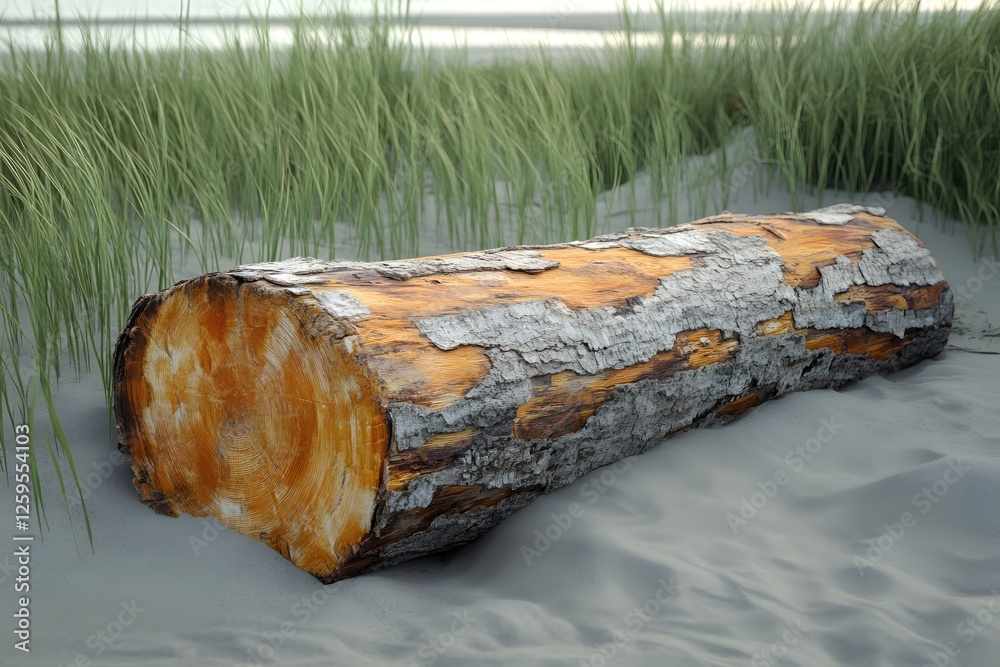 Weathered log on sandy beach with dune grass in soft light evoking a sense of tranquility