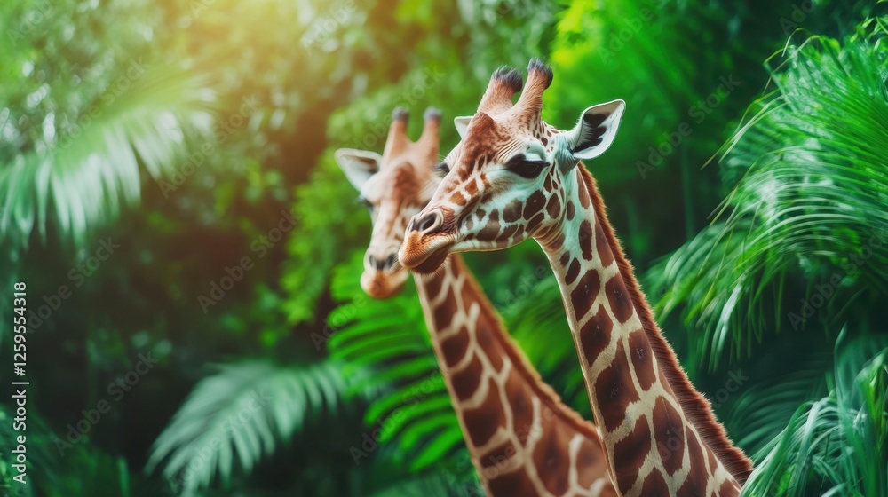Obraz premium Giraffes in Tropical Paradise: Two majestic giraffes stand side-by-side amidst lush tropical foliage, bathed in the warm sunlight filtering through the leaves.