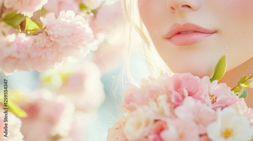 Soft Bloom: Close-up of a woman's face partially obscured by delicate pink blossoms, creating a dreamy and ethereal atmosphere. Soft Bloom: Close-up of a woman's face partially obscured by delicate pink blossoms, creating a dreamy and ethereal atmosphere.