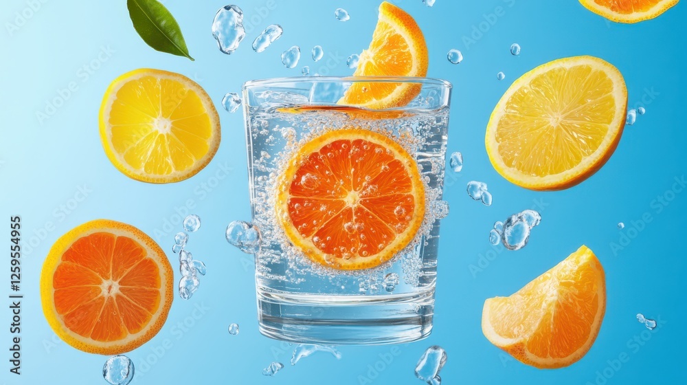 A vibrant orange vitamin C tablet dissolving in water with citrus slices